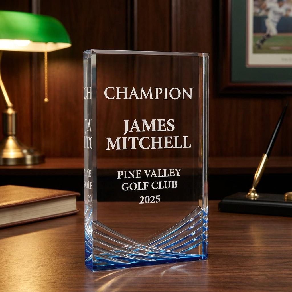 Personalized Personalized Crystal Sports Award award angled view showing the optical crystal finish and custom engraving detail — featuring Engraved optical crystal award for coach of the year, a popular choice for Golf clubs and societies for Annual sports banquets
