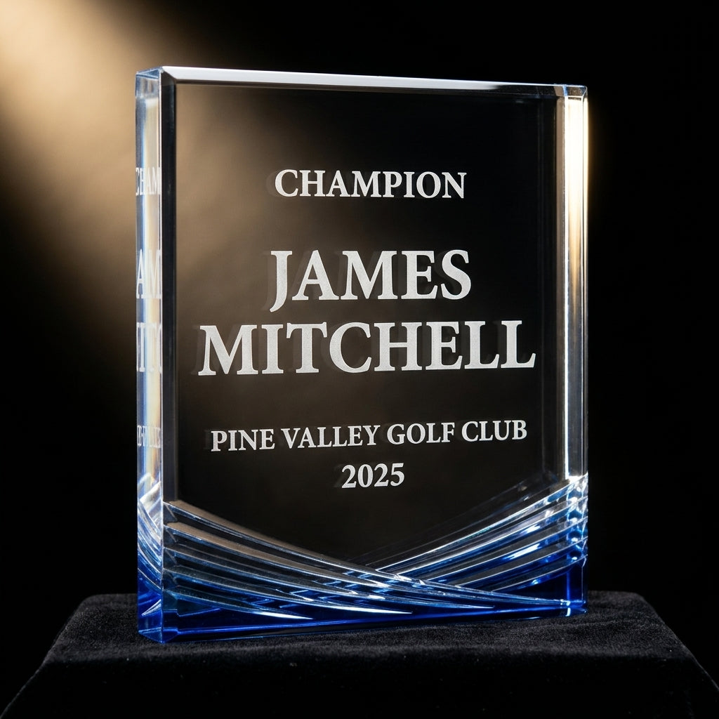 Close-up of the custom engraved name plate on a personalized Personalized Crystal Sports Award award (optical crystal) — featuring Custom hole in one golf trophy with name, a popular choice for Corporate event planners for Coach appreciation events