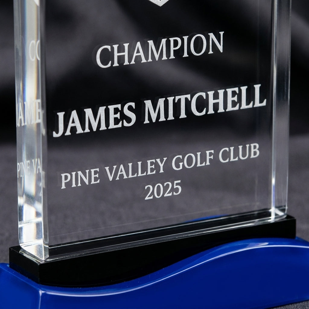 Personalized Personalized Crystal Sports Award award styled for gifting, custom laser engraved in optical crystal — featuring Retirement award for golf professional, a popular choice for Individual golfers for Sports team awards ceremonies