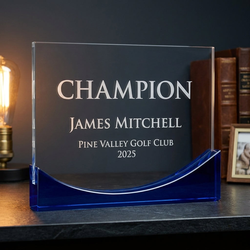 Personalized Personalized Crystal Sports Award award additional detail view, the awards are clear rectangular optical crystal blocks with a curved blue base, designed for custom laser engraving of text and logos, engraved in optical crystal — featuring Corporate sports event recognition plaque, a popular choice for Sports coaches for Retirement parties for athletes or coaches