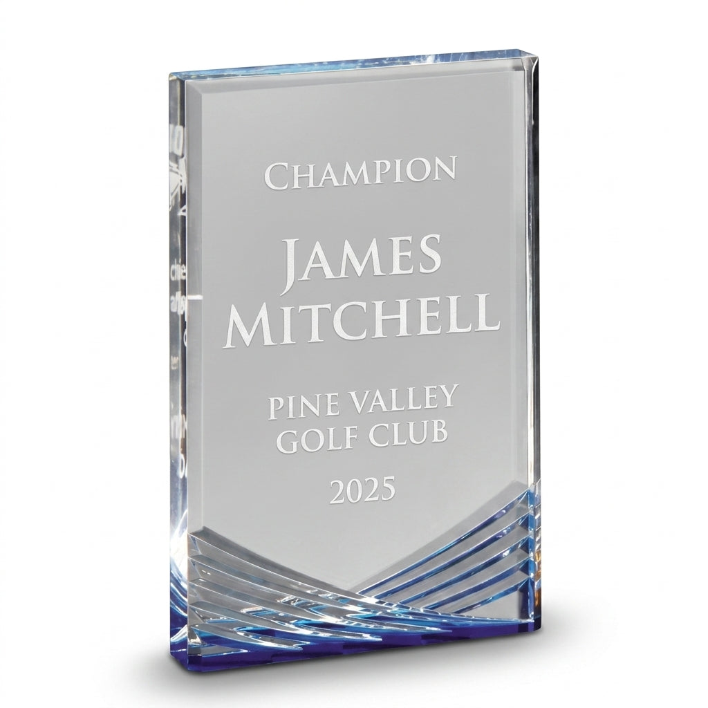 Multiple personalized Personalized Crystal Sports Award awards displayed together for a banquet or team order, each custom engraved in optical crystal — featuring Blue base crystal award custom engraved, a popular choice for Sports leagues and associations for Lifetime achievement galas (sports-related)