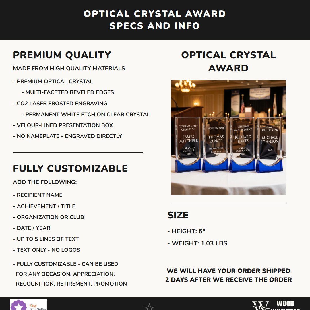 Personalized Crystal Sports Award award size, optical crystal material, and personalization specification chart for custom engraving orders — featuring Golf club championship awards personalized, a popular choice for Schools and universities for Corporate sports days