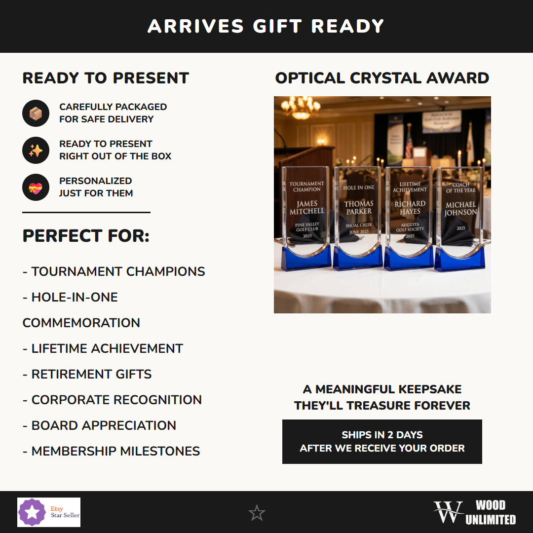Gift-ready presentation of a personalized Personalized Crystal Sports Award award in optical crystal, ready to ship for recognition gifting — featuring Custom hole in one golf trophy with name, a popular choice for Golf tournament organizers for Annual sports banquets