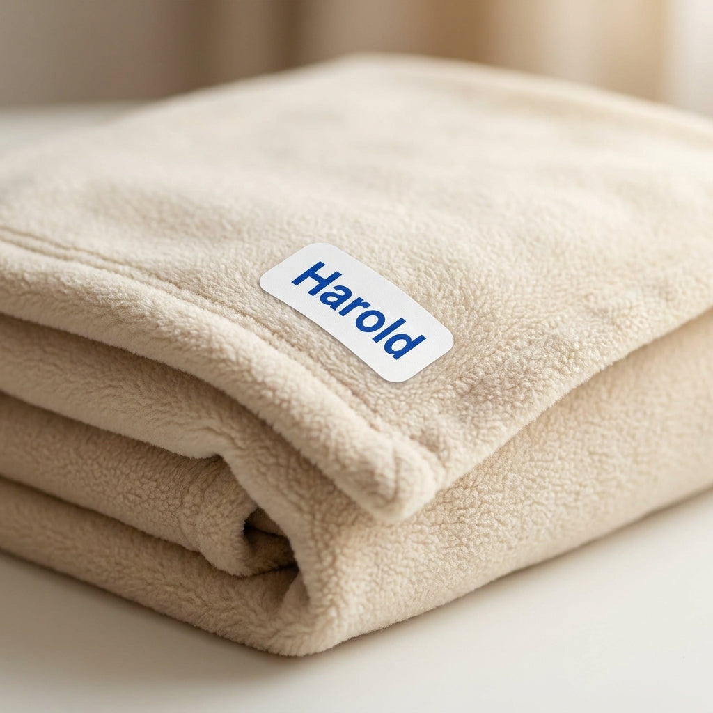 No sew iron on name labels for care home blankets and bedding, prevents lost items in commercial laundry