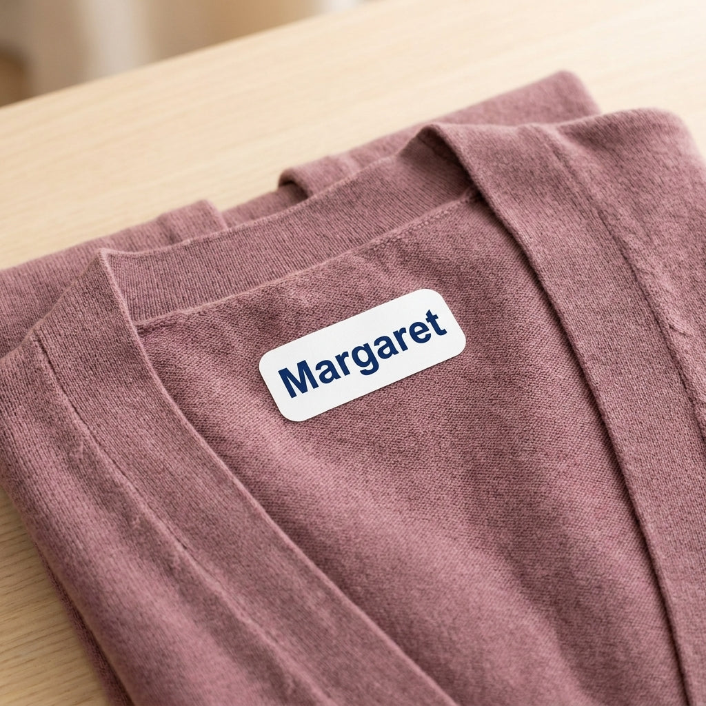 Iron on name labels for nursing home and assisted living clothing, name on a sweater collar label for senior care laundry