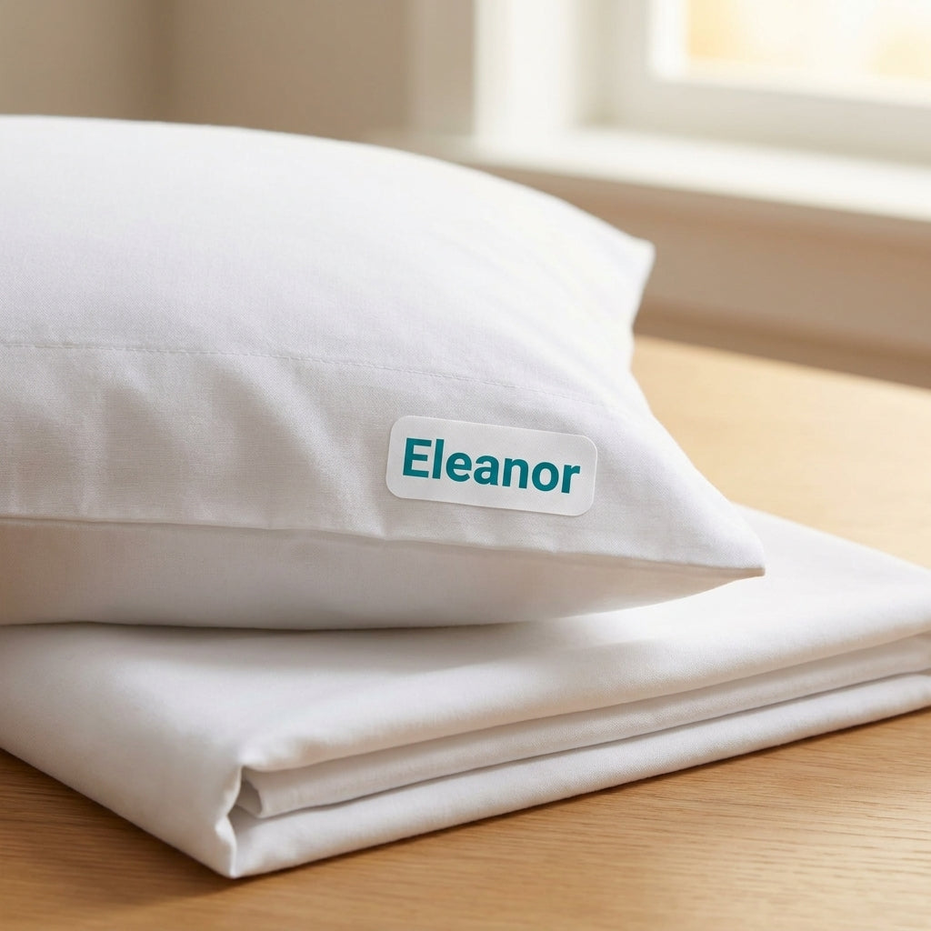 Iron on name labels for nursing home bed linens and pillowcases for senior care facility laundry