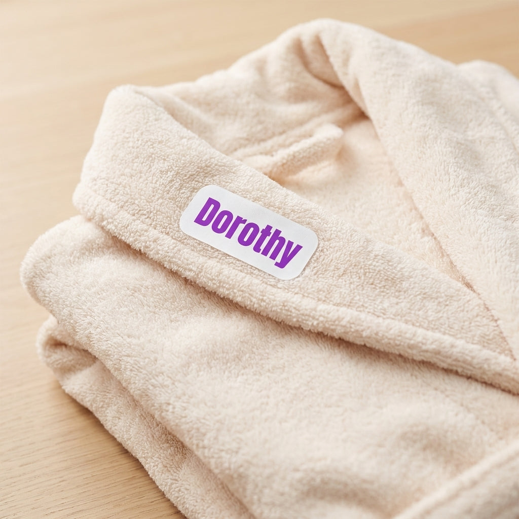 Iron on clothing labels for assisted living and elderly care, name label on a bathrobe for memory care belongings