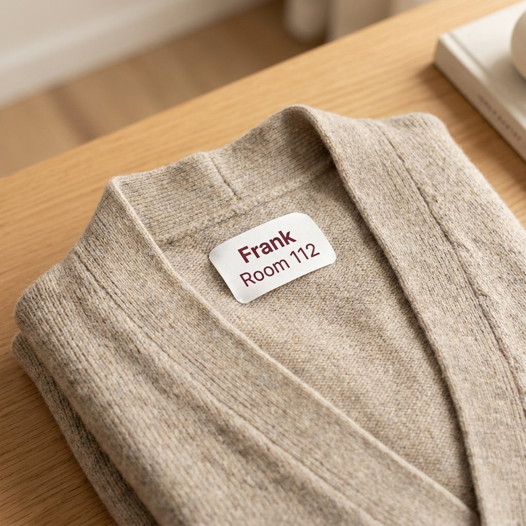 Iron on name and room number labels for nursing home clothing, two line name and room label for assisted living staff