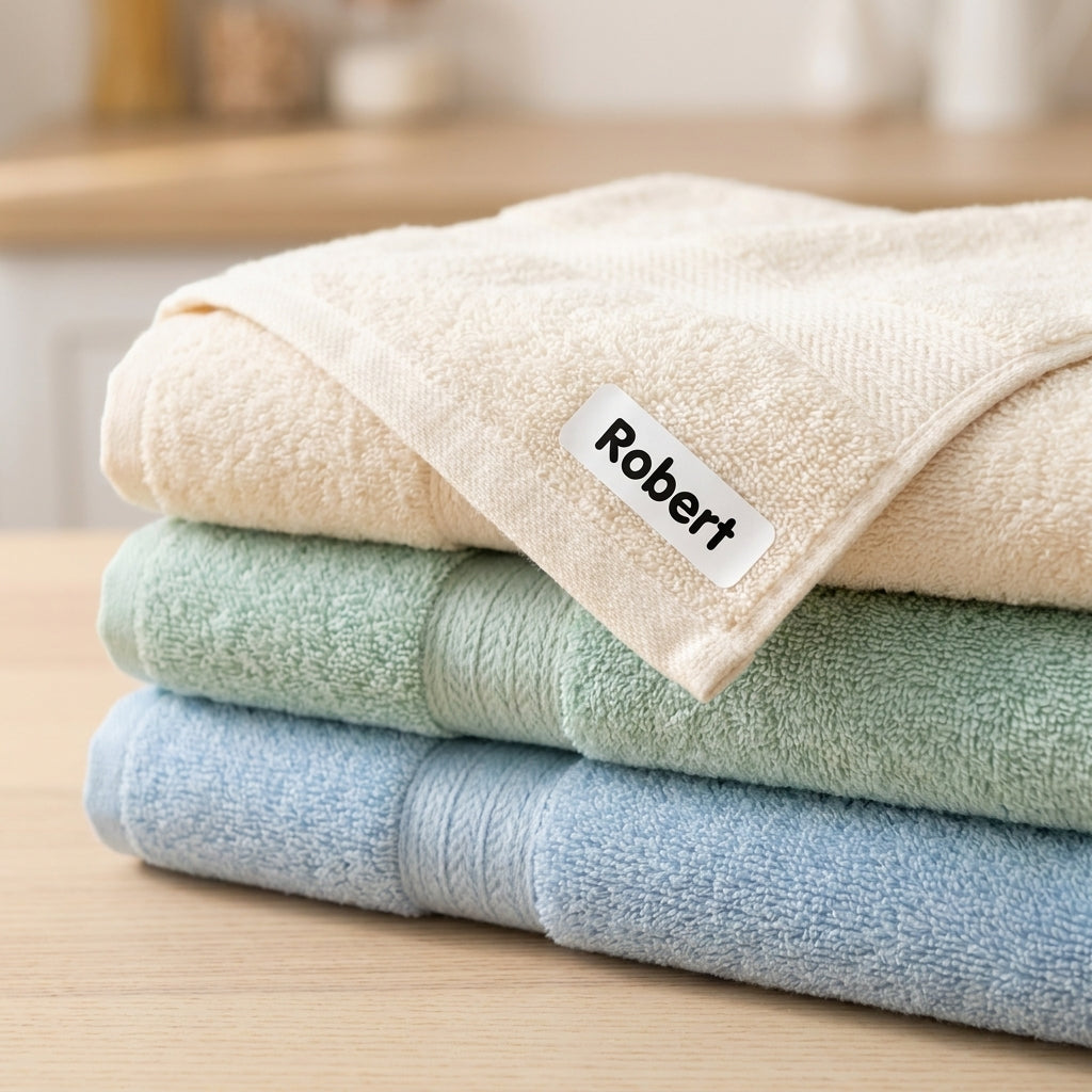 Personalized iron on labels for nursing home towels and linens to prevent lost items in shared laundry