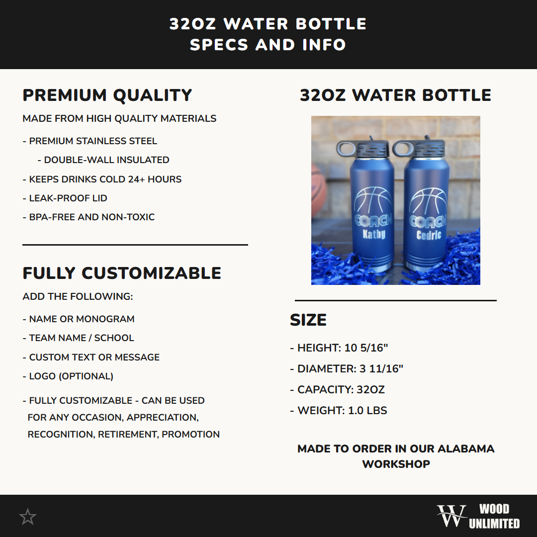 Personalized Basketball Water Bottles - Custom Engraved 32oz Stainless Steel Bottle, Personalized Coach Gift, Retro Design
