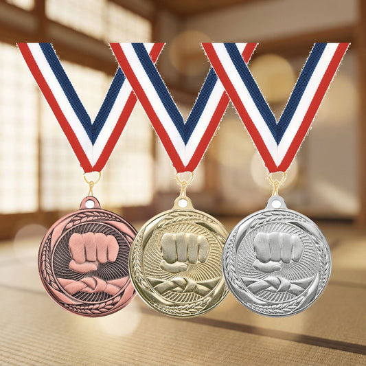 Personalized Karate Medals with Neck Ribbon - Gold Silver Bronze - Custom Engraved