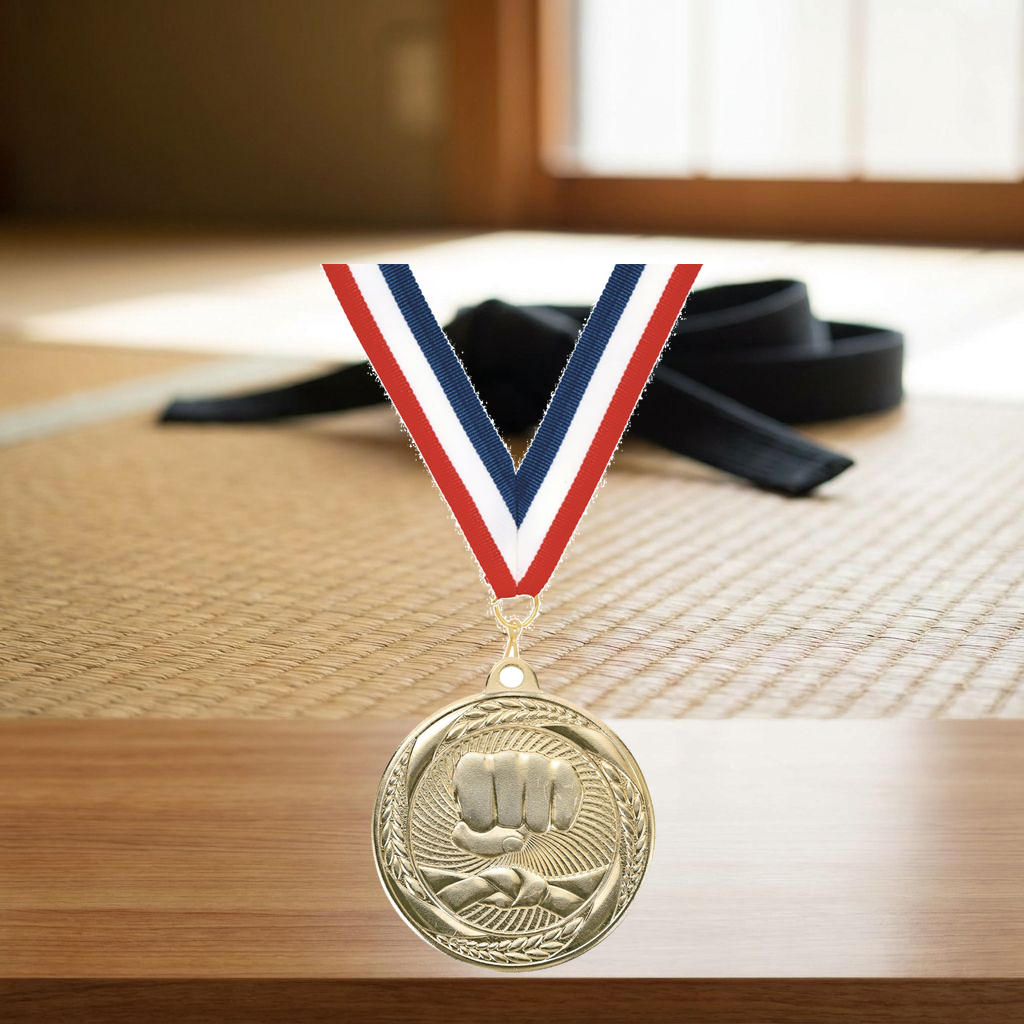 Personalized Karate Medals with Neck Ribbon - Gold Silver Bronze - Custom Engraved