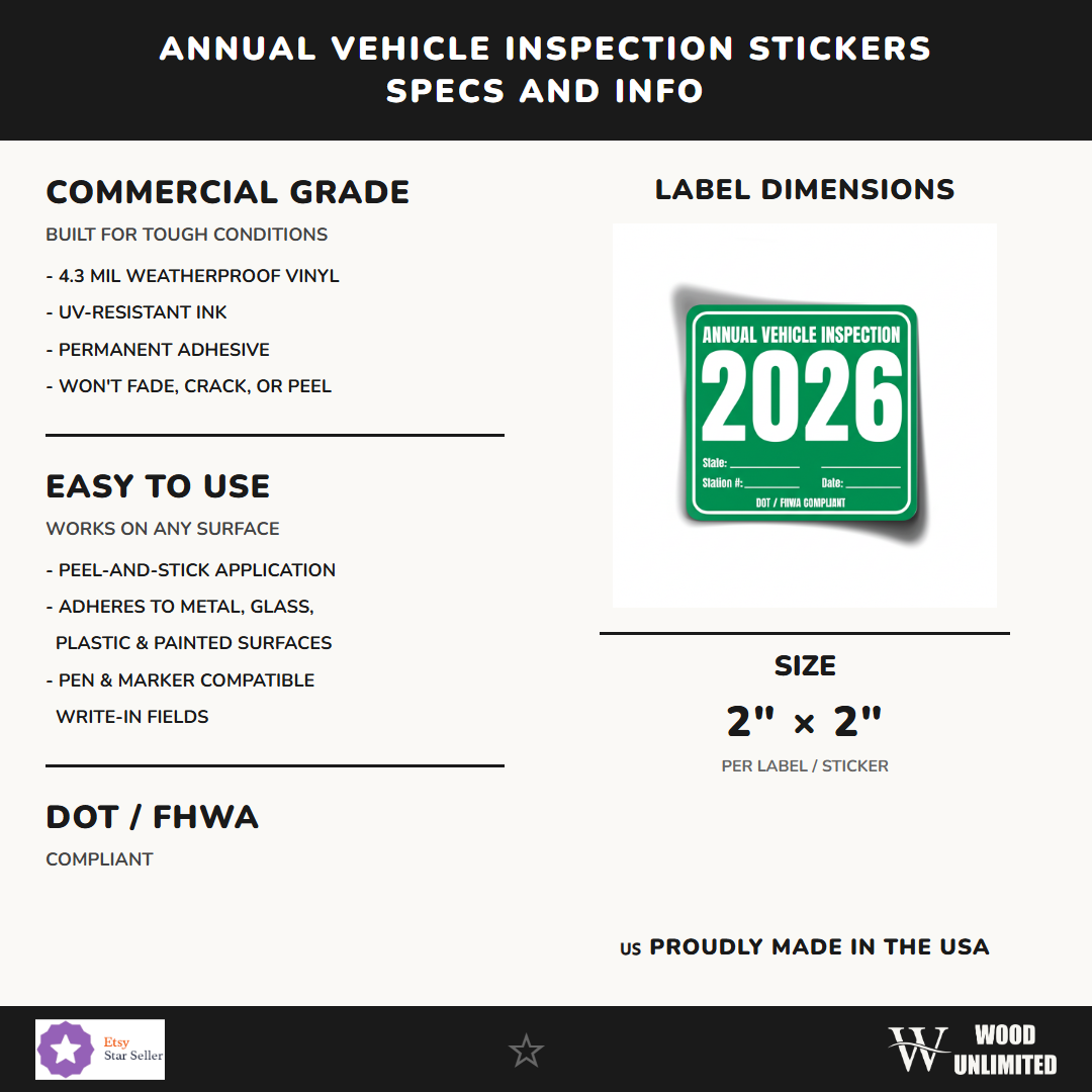Annual Vehicle Inspection Stickers - 10 Pack - Weatherproof Vinyl - engraving detail
