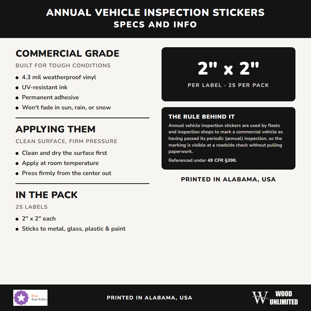 Annual Vehicle Inspection Stickers - specs: 4.3 mil weatherproof vinyl, 2" x 2", 25 pack, printed in Alabama USA