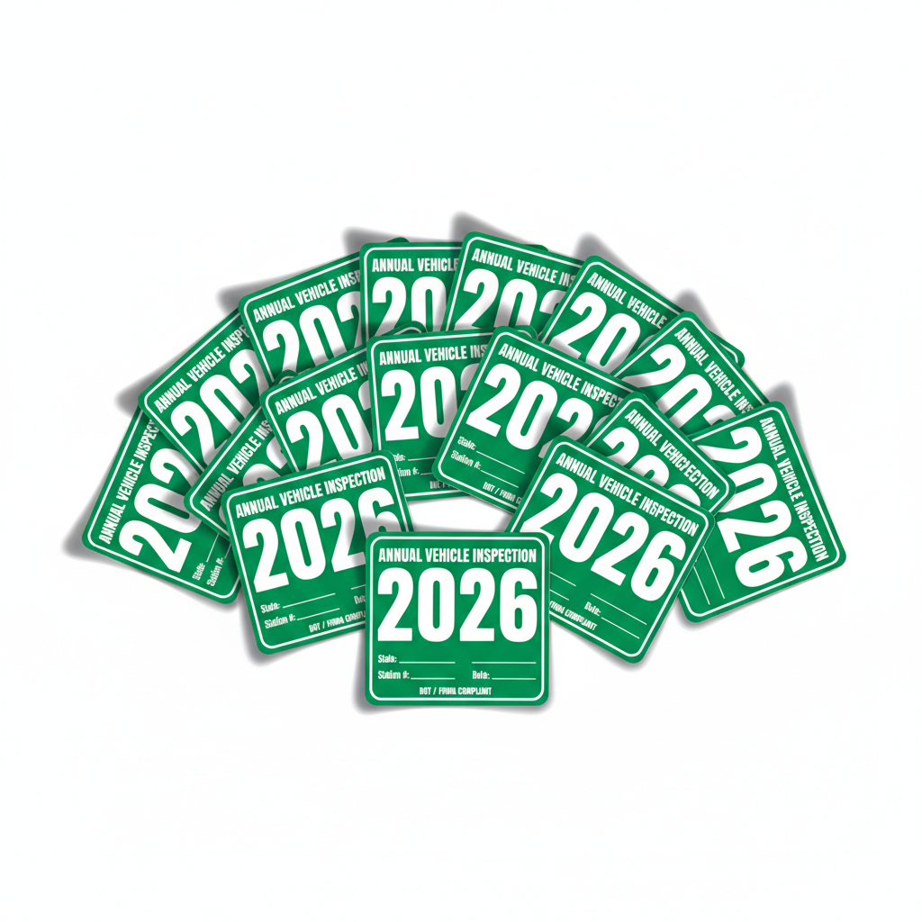 Annual Vehicle Inspection Stickers - 10 Pack - Weatherproof Vinyl - size comparison