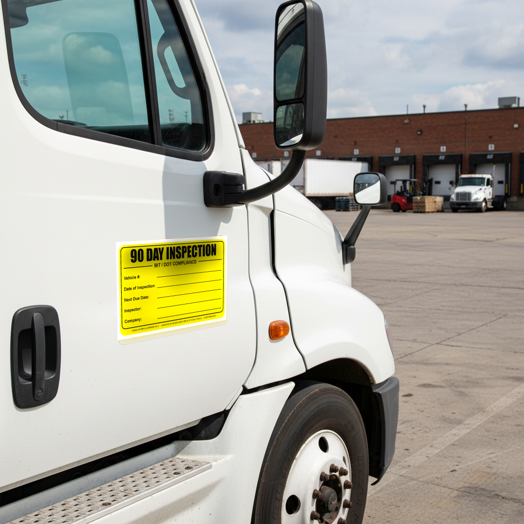 DOT 90-Day Inspection Labels - 90 day BIT inspection decal applied to a commercial truck door