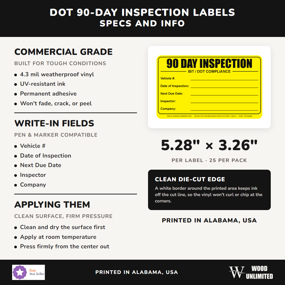 DOT 90-Day Inspection Labels - specs: 4.3 mil weatherproof vinyl, 5.28" x 3.26", printed in Alabama USA
