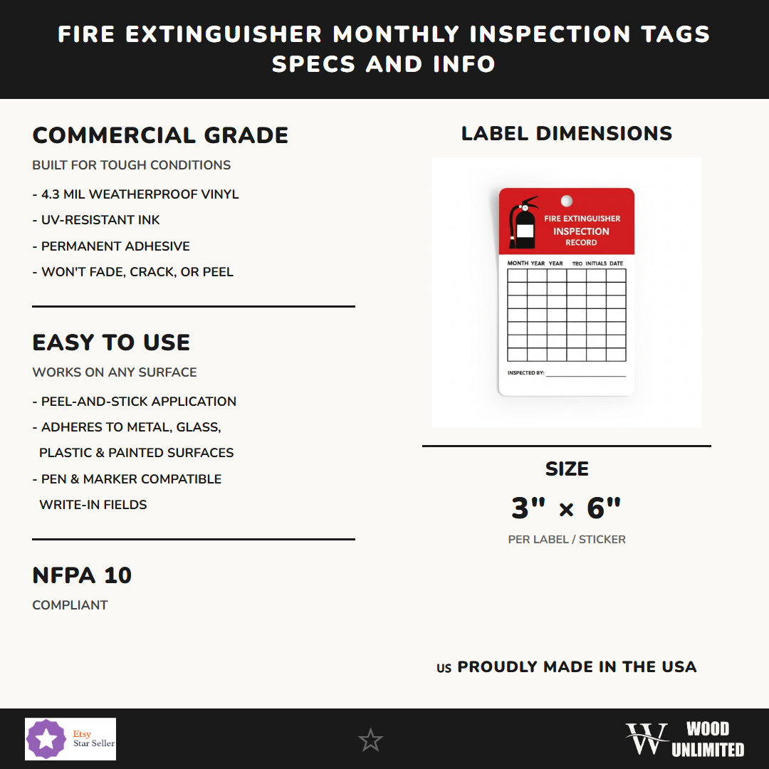 Fire Extinguisher Monthly Inspection Tags - 25 Pack - Weatherproof Vinyl - engraving detail
