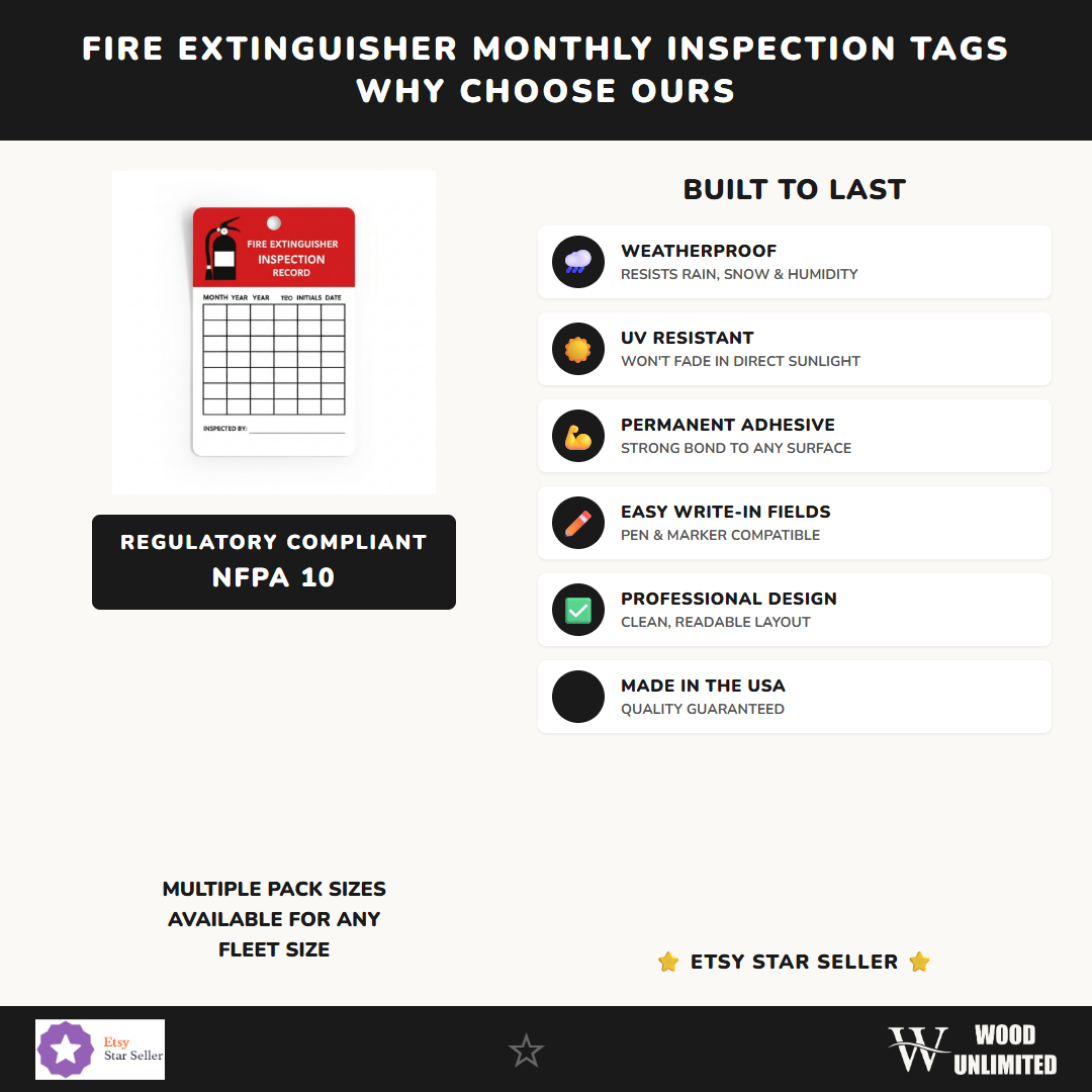 Fire Extinguisher Monthly Inspection Tags - 25 Pack - Weatherproof Vinyl - packaging
