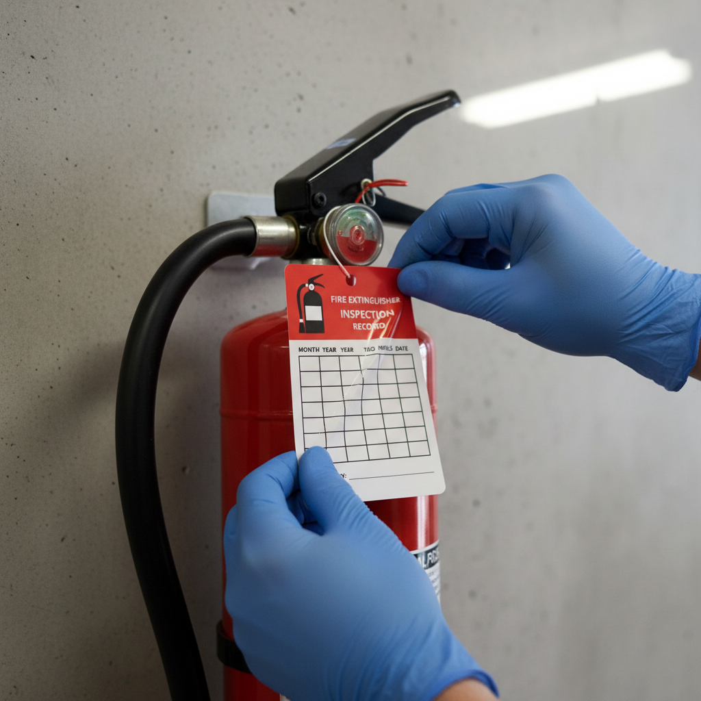 Fire Extinguisher Monthly Inspection Tags - 25 Pack - Weatherproof Vinyl - lifestyle photo