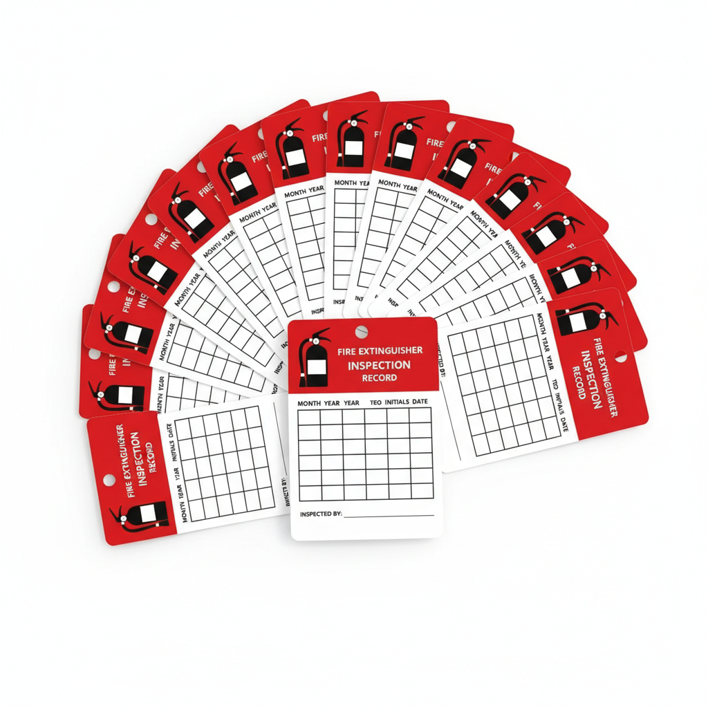 Fire Extinguisher Monthly Inspection Tags - 25 Pack - Weatherproof Vinyl - size comparison