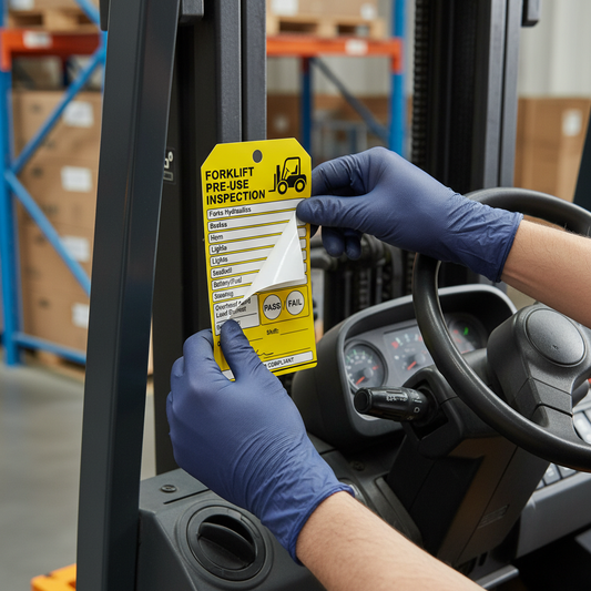 Forklift Daily Pre-Use Inspection Tags - 50 Pack - Weatherproof Vinyl - lifestyle photo