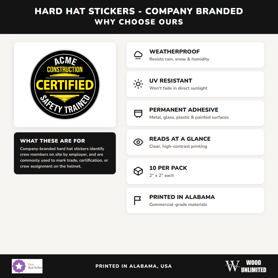 Hard Hat Stickers - Company Branded - weatherproof, UV resistant, permanent adhesive, 10 per pack
