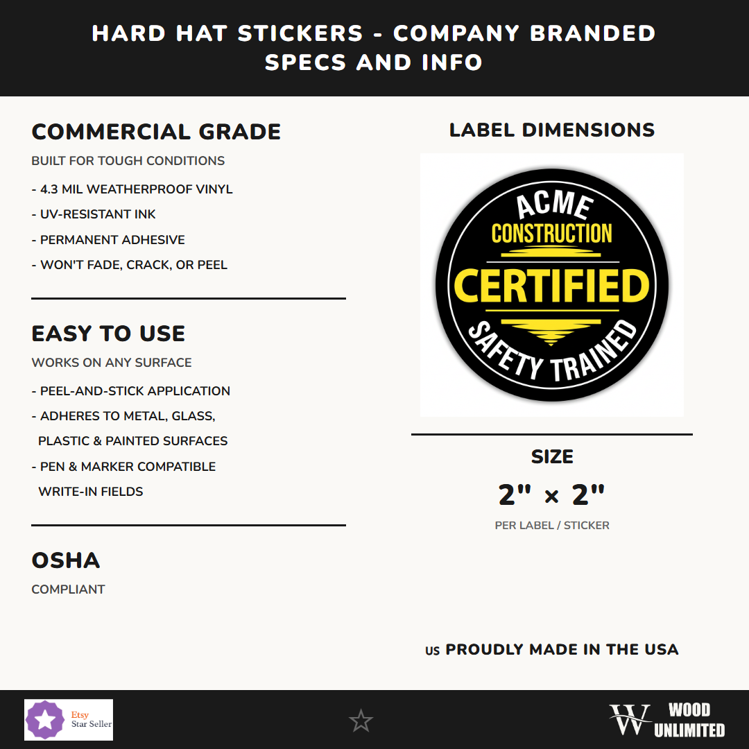 Hard Hat Stickers - Company Branded - 25 Pack - Weatherproof Vinyl