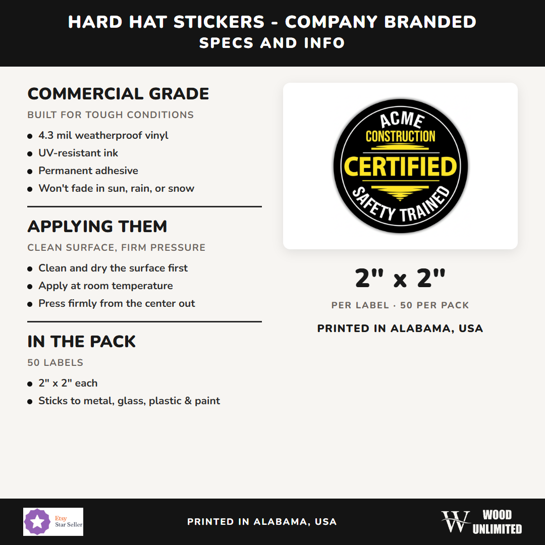 Hard Hat Stickers - Company Branded - specs: 4.3 mil weatherproof vinyl, 2" x 2", 50 pack, printed in Alabama USA