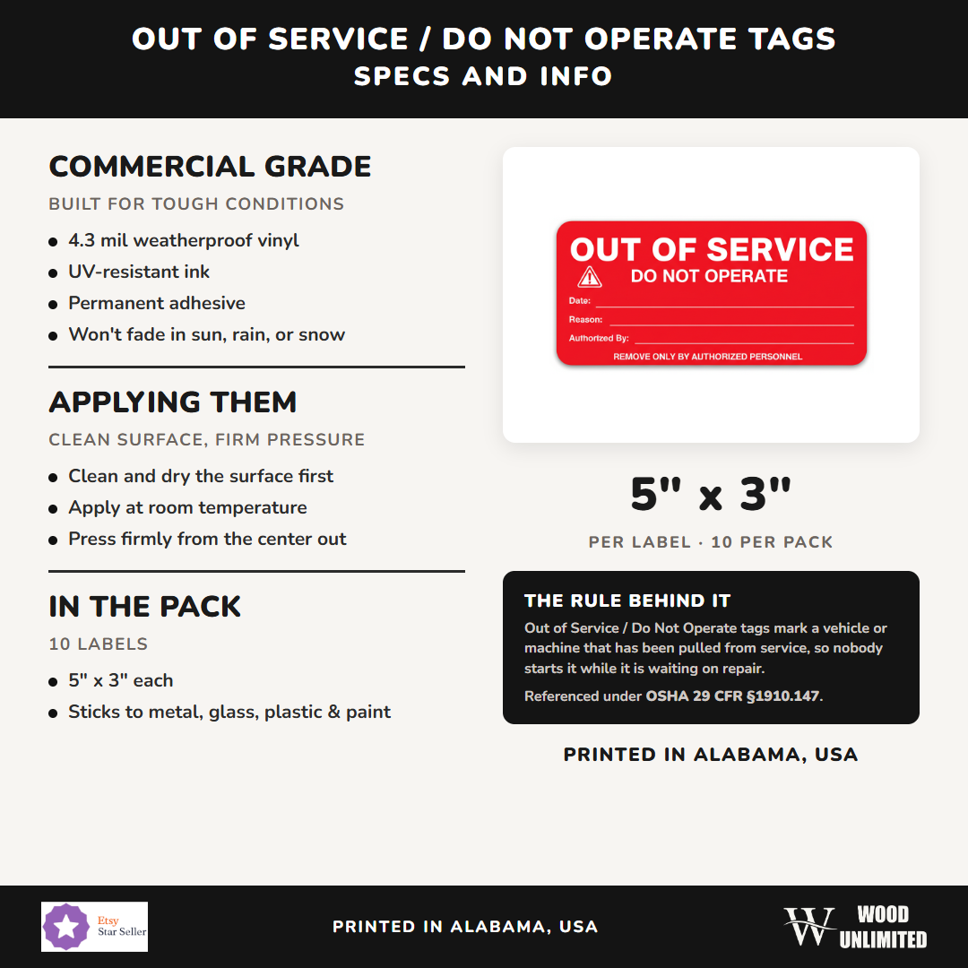 Out of Service / Do Not Operate Tags - specs: 4.3 mil weatherproof vinyl, 5" x 3", 10 pack, printed in Alabama USA