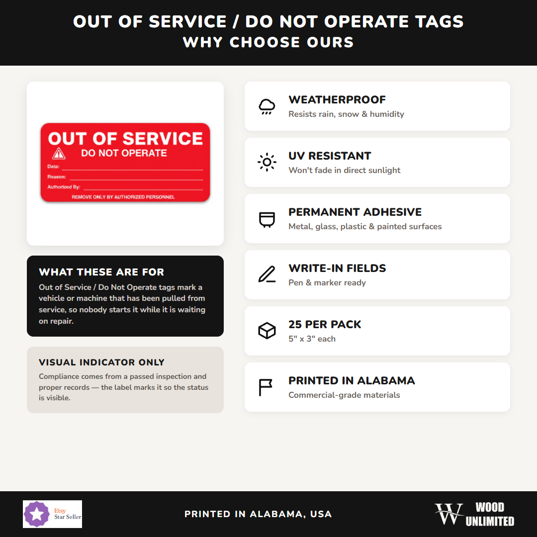 Out of Service / Do Not Operate Tags - weatherproof, UV resistant, permanent adhesive, 25 per pack