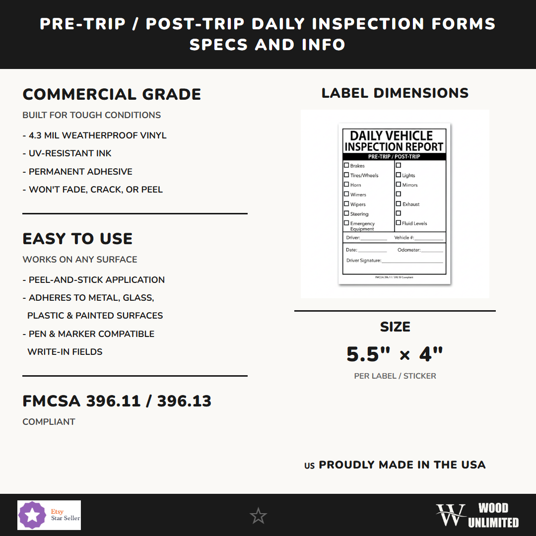 Pre-Trip / Post-Trip Daily Inspection Forms - 50 Pack - Weatherproof Vinyl