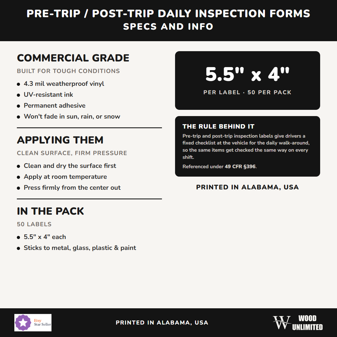 Pre-Trip / Post-Trip Daily Inspection Forms - specs: 4.3 mil weatherproof vinyl, 5.5" x 4", 50 pack, printed in Alabama USA