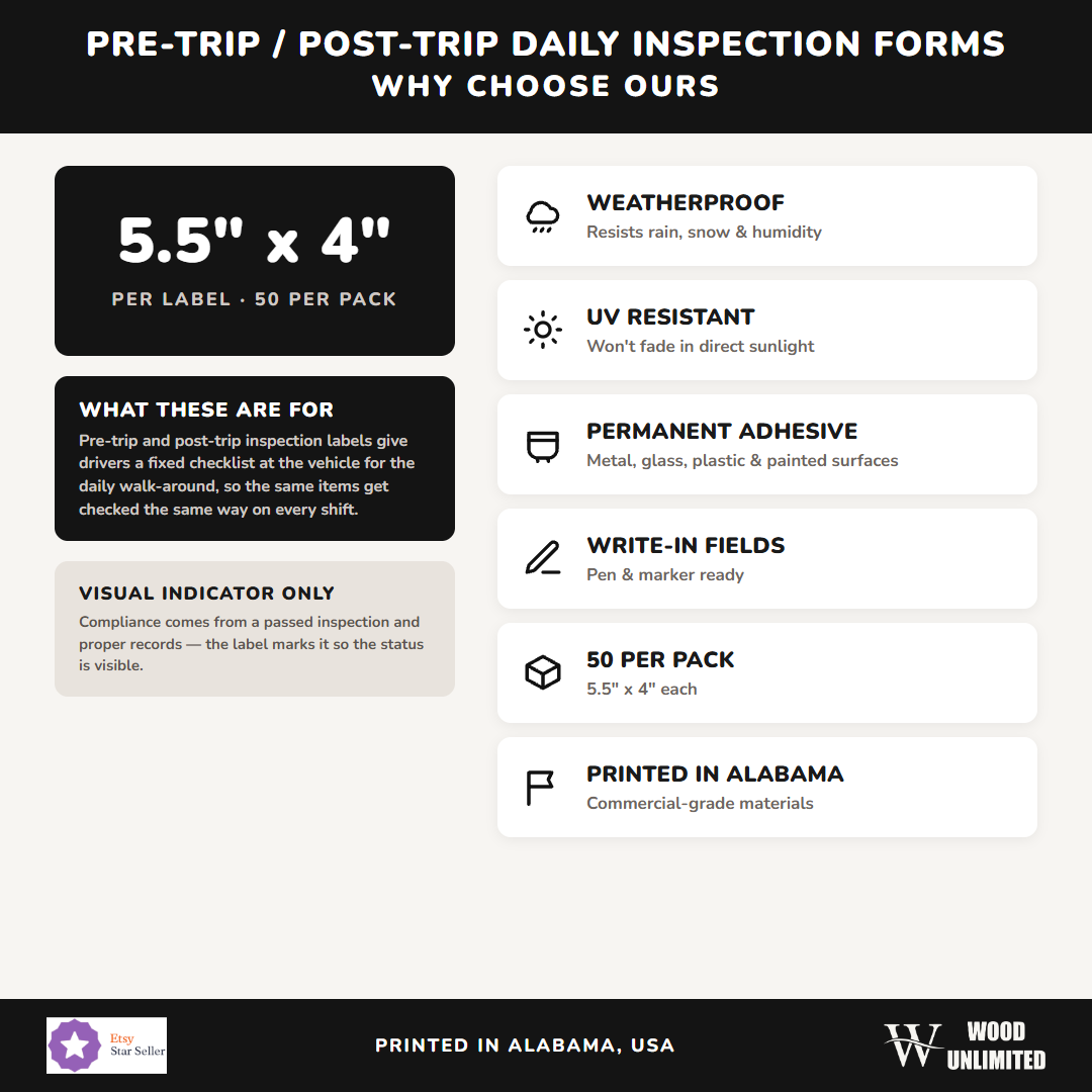 Pre-Trip / Post-Trip Daily Inspection Forms - weatherproof, UV resistant, permanent adhesive, 50 per pack