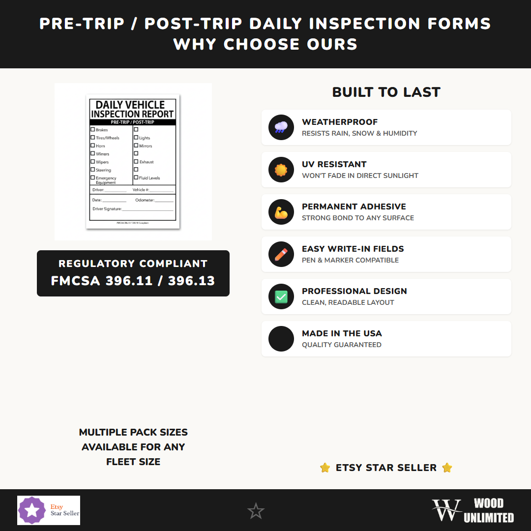 Pre-Trip / Post-Trip Daily Inspection Forms - 100 Pack - Weatherproof Vinyl