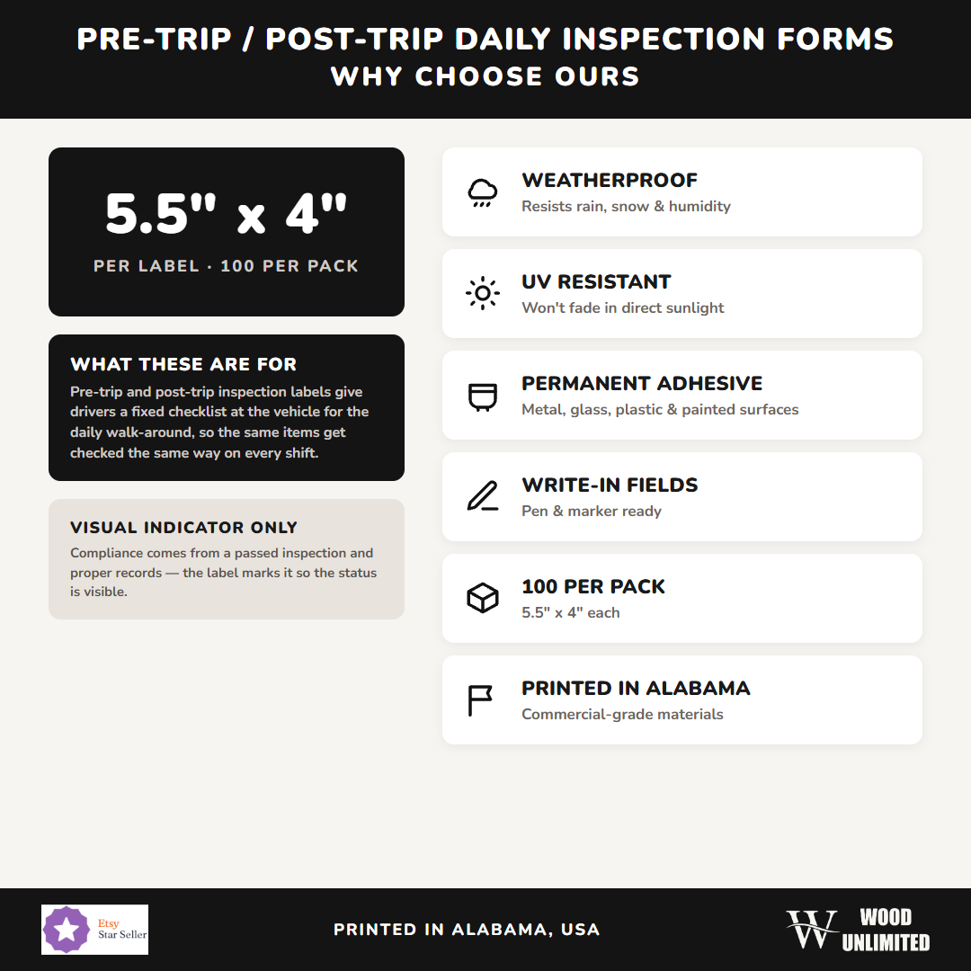 Pre-Trip / Post-Trip Daily Inspection Forms - weatherproof, UV resistant, permanent adhesive, 100 per pack