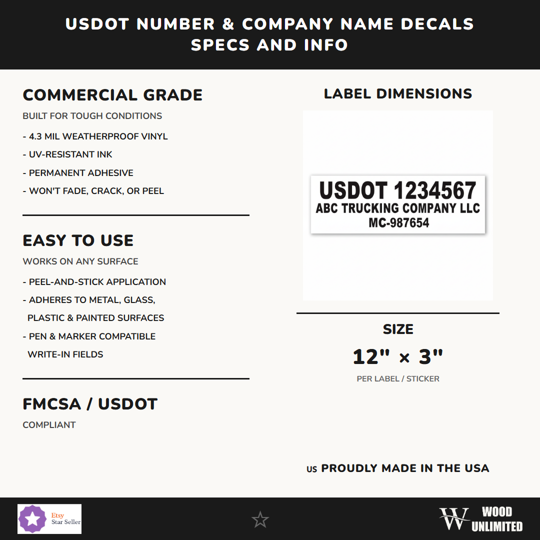 USDOT Number & Company Name Decals - 2 Pack - Weatherproof Vinyl