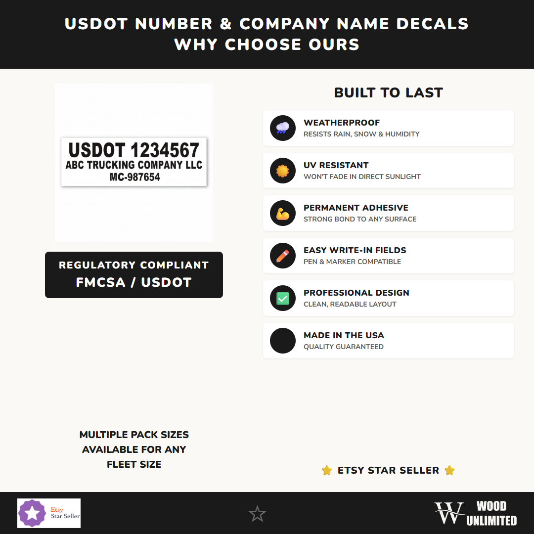 USDOT Number & Company Name Decals - 5 Pack - Weatherproof Vinyl