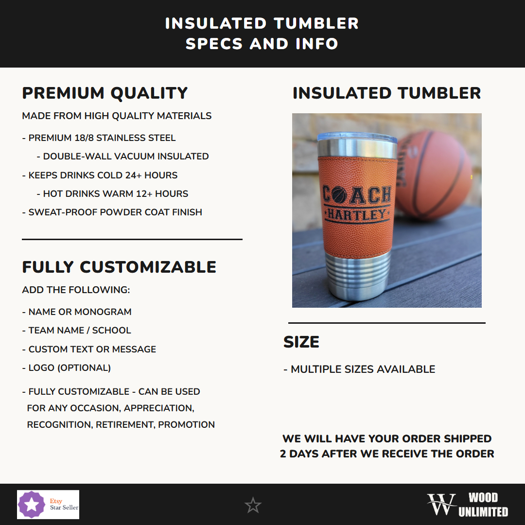 Insulated tumbler with customizable options and product details on a white background