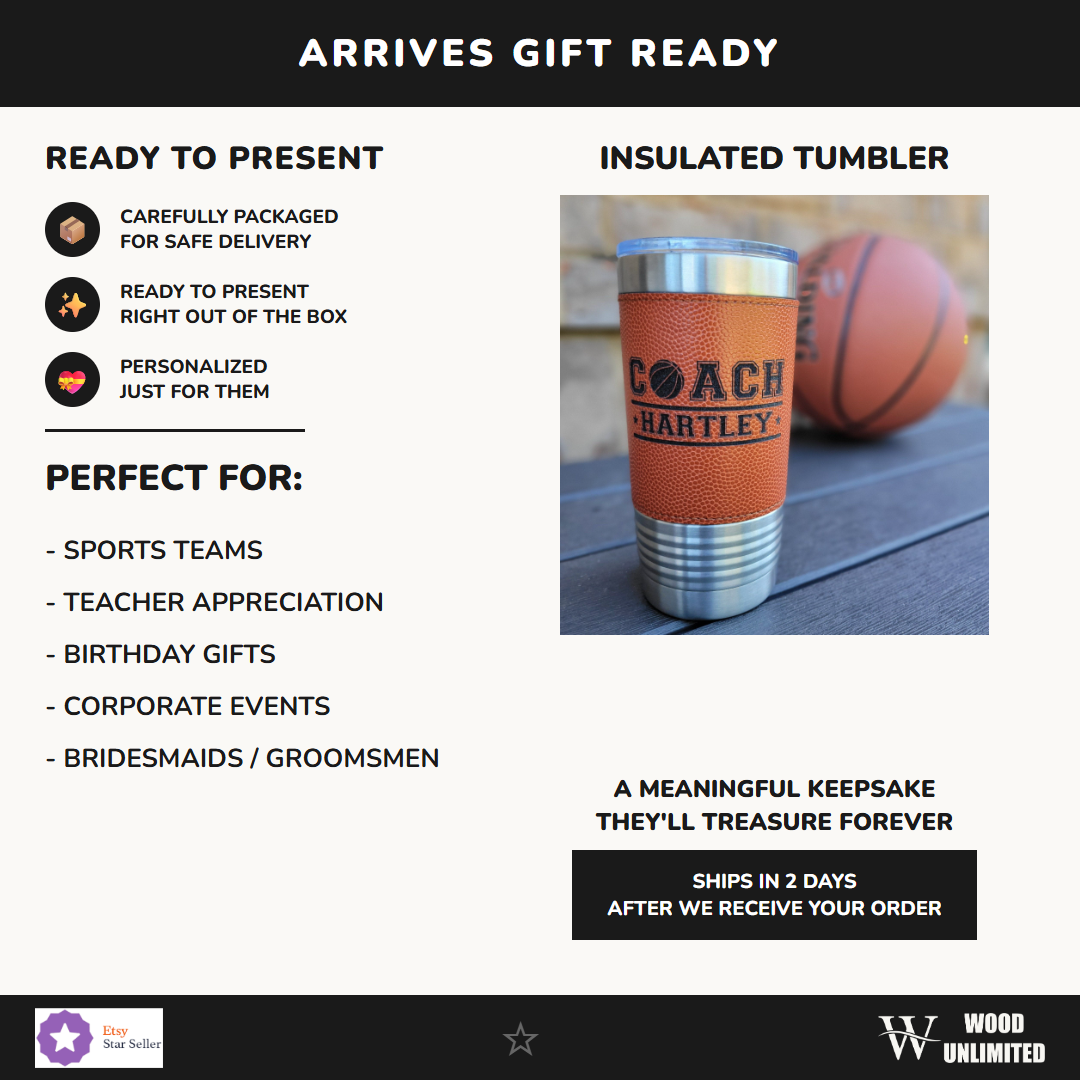 Insulated tumbler with 'Coach Hartley' branding next to a basketball, with product features listed on the left.