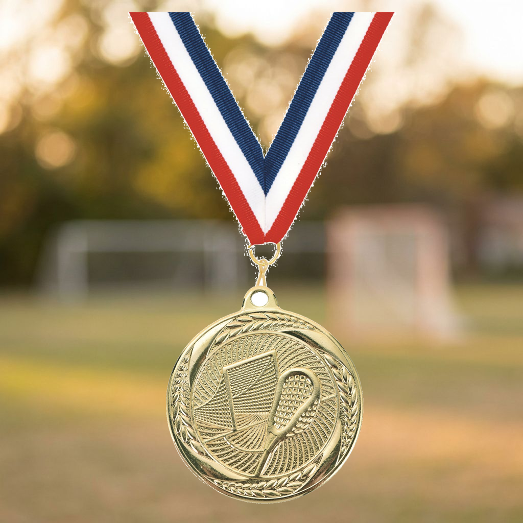 Personalized Lacrosse Medals with Neck Ribbon - Gold - Custom Engraved