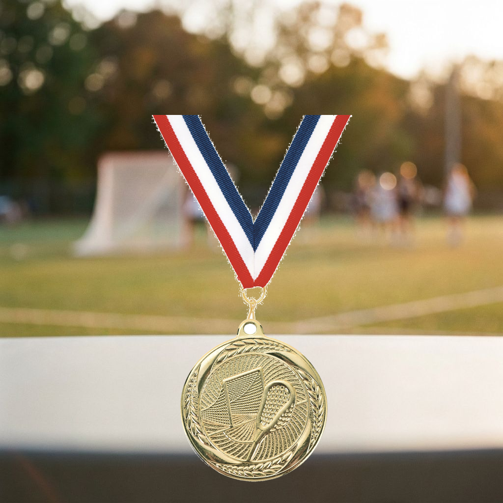 Personalized Lacrosse Medals with Neck Ribbon - Gold - Custom Engraved