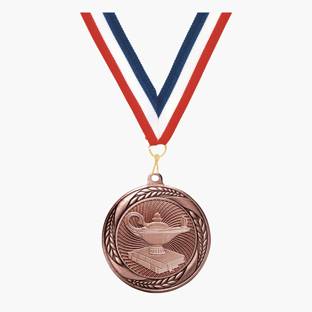 Personalized Lamp of Knowledge Medals with Neck Ribbon - Gold Silver Bronze - Custom Engraved