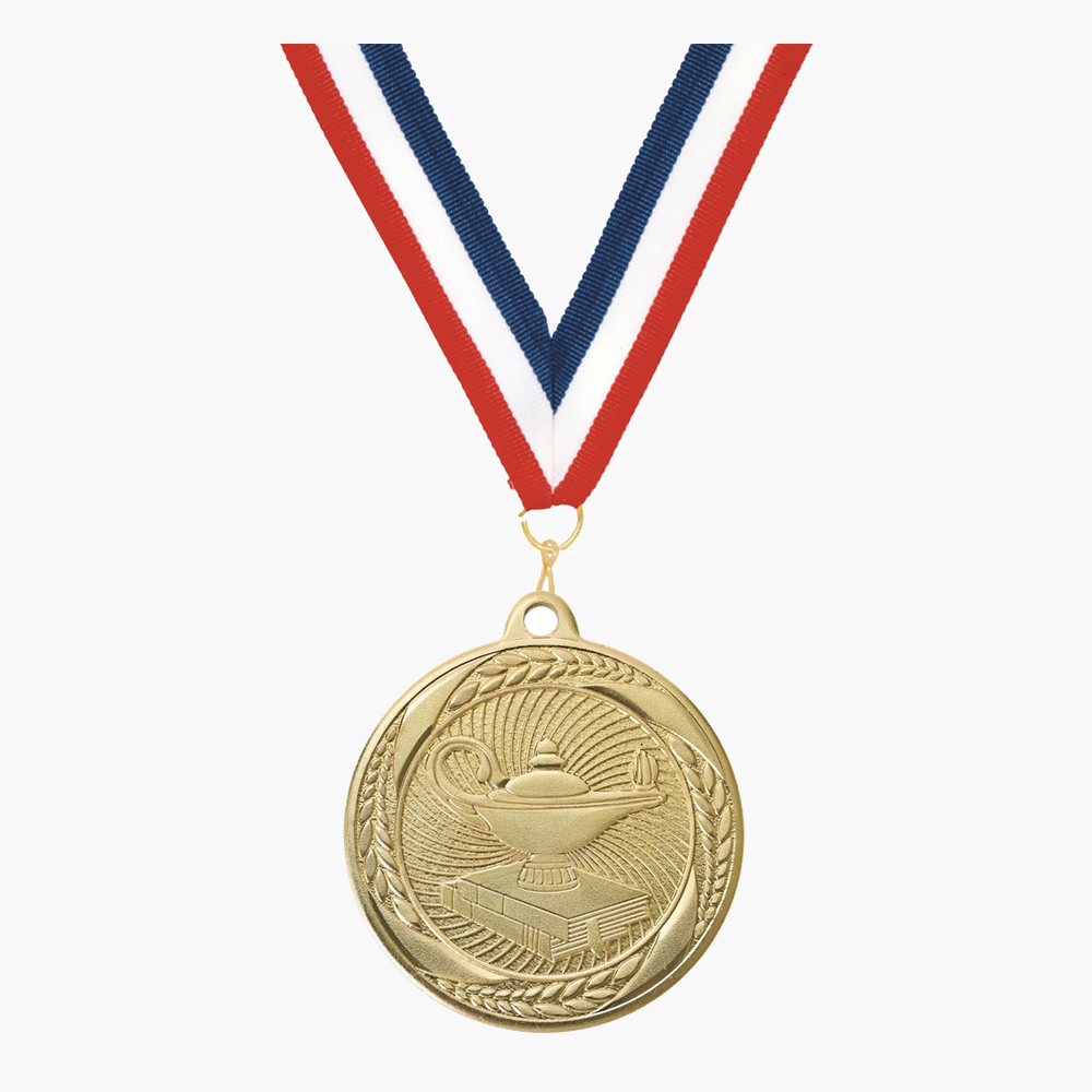 Personalized Lamp of Knowledge Medals with Neck Ribbon - Gold Silver Bronze - Custom Engraved