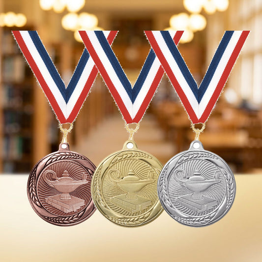 Personalized Lamp of Knowledge Medals with Neck Ribbon — personalized laser engraved medals from Wood Unlimited, made to order in Alabama
