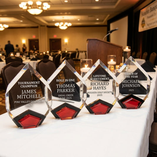 Front view of a personalized Golf Award award in optical crystal, custom engraved with the recipient's name and achievement — featuring Personalized golf tournament awards, a popular choice for Golf clubs for Corporate golf events