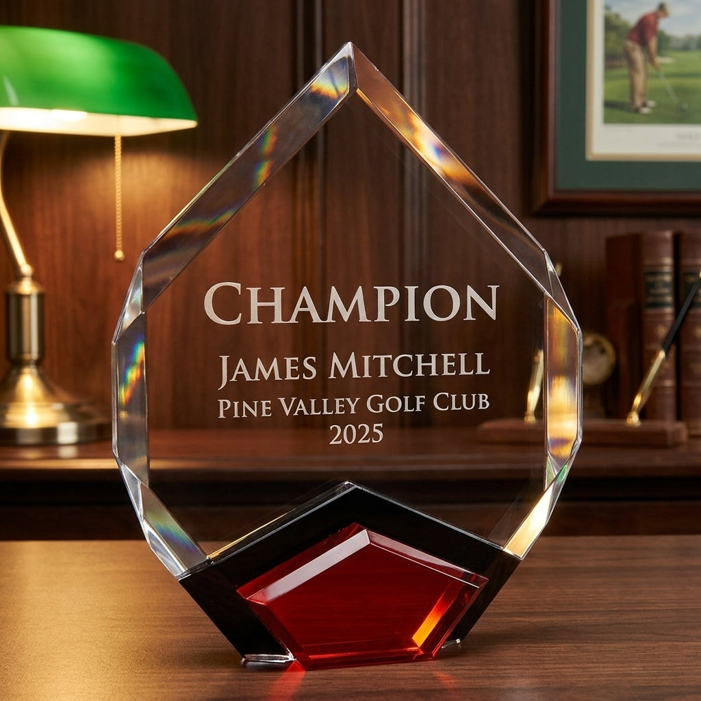 Personalized Golf Award award angled view showing the optical crystal finish and custom engraving detail — featuring Custom engraved hole in one trophy, a popular choice for Golf societies for Club championships