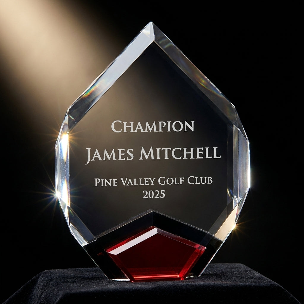 Close-up of the custom engraved name plate on a personalized Golf Award award (optical crystal) — featuring Lifetime achievement golf award crystal, a popular choice for Tournament organizers for Hole-in-one celebrations