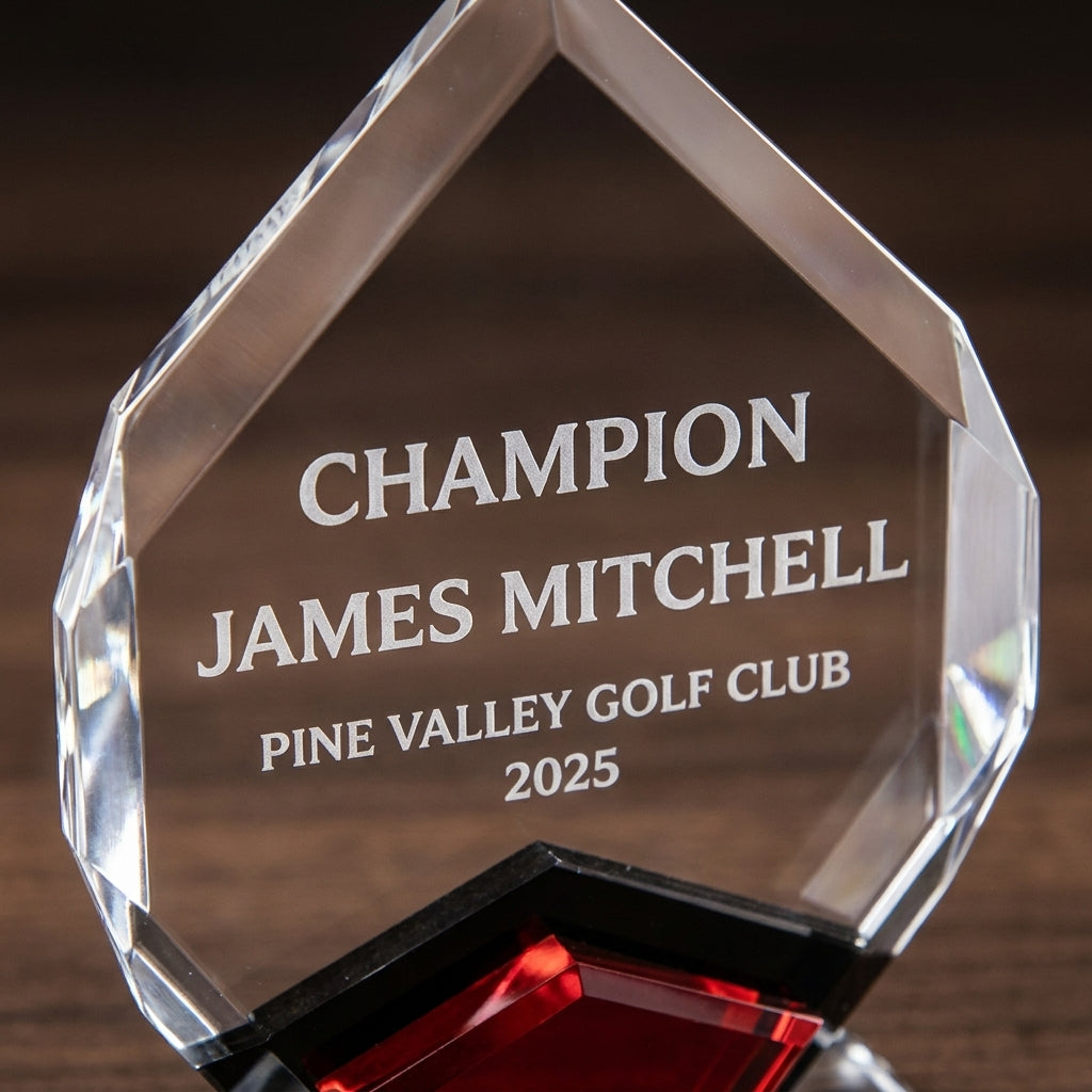 Personalized Golf Award award styled for gifting, custom laser engraved in optical crystal — featuring Coach of the year golf trophy personalized, a popular choice for Corporate event planners for Golf society events
