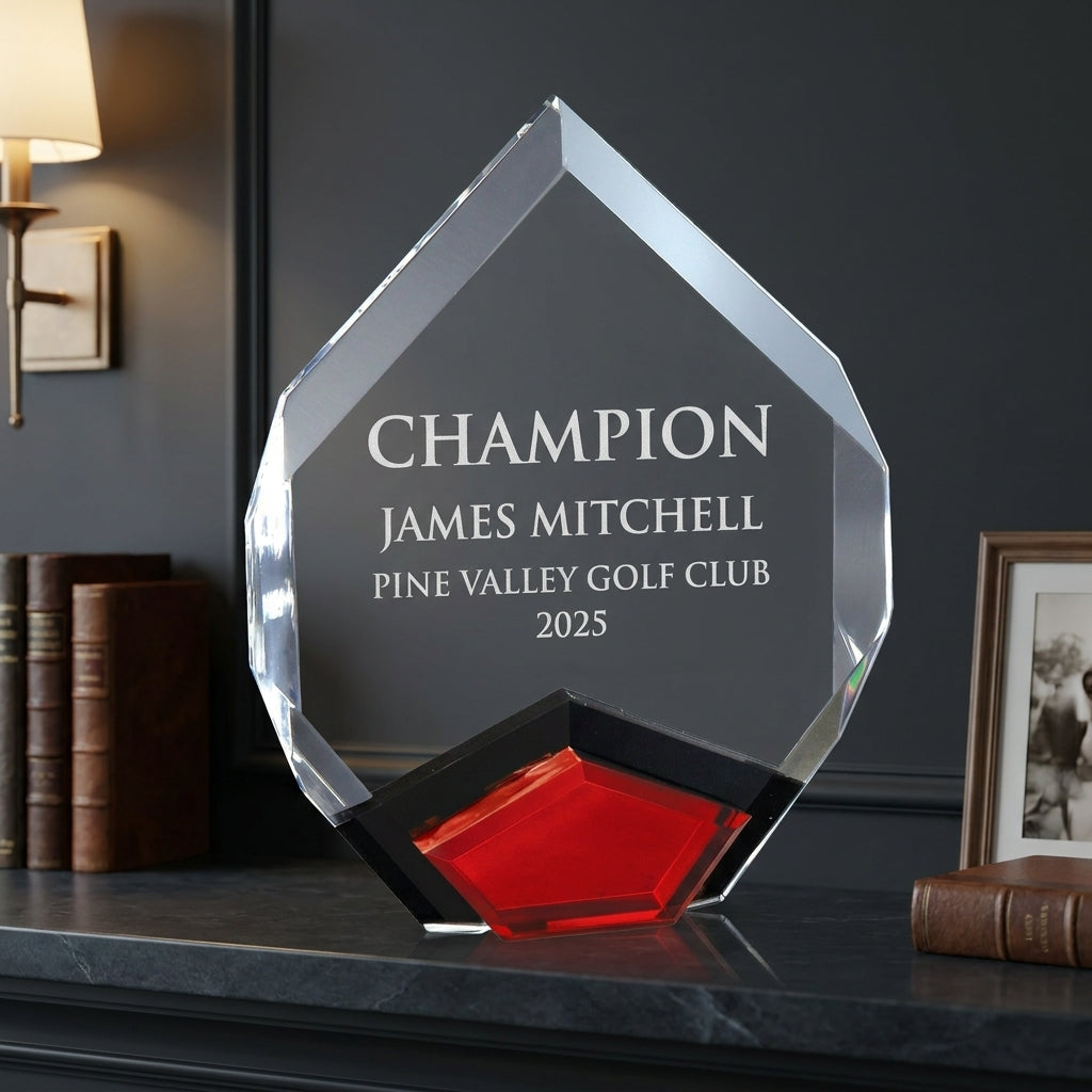 Personalized Golf Award award additional detail view, a faceted clear crystal award with a black and red geometric base, designed for personalized engraving, engraved in optical crystal — featuring Corporate golf event awards custom, a popular choice for Golf coaches for Lifetime achievement ceremonies